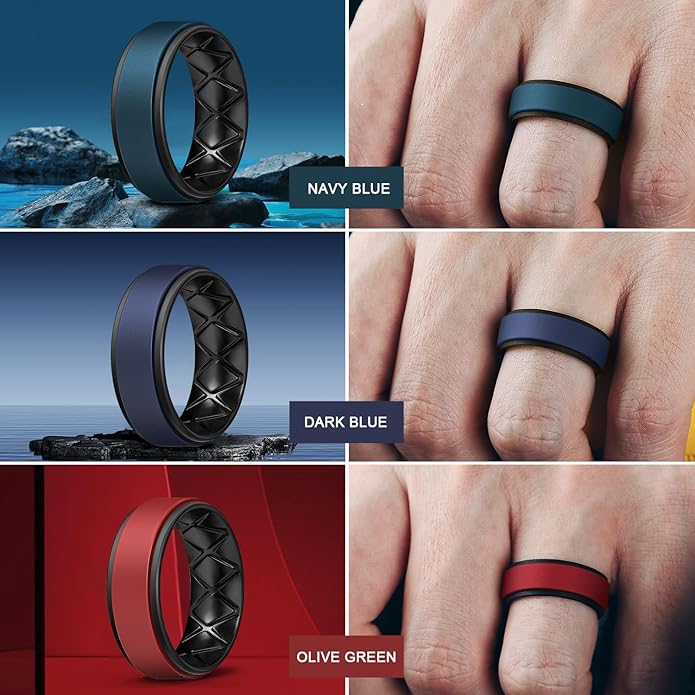 Egnaro Silicone Rings for Men 1/4/5/6/7 Multipack of Breathable Mens Silicone Rubber Wedding Rings Bands - Step Edge