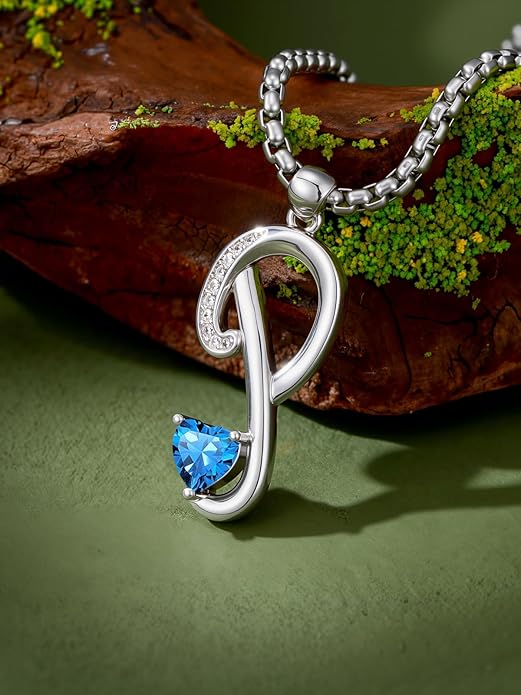 Valentines Day Gifts for Women Alphabet A to Z Initial Birthstone Pendant Necklaces for Women - 18k White Gold Plated Personalized Name Jewelry Valentine Mothers Day Birthday Gifts for Women Her Girlfriend