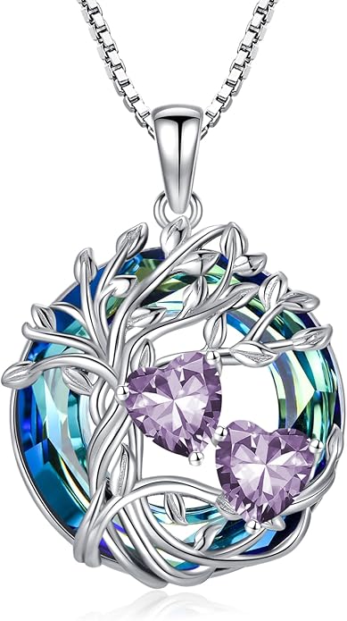 TOUPOP s925 Sterling Silver Family Celtic Tree of Life Pendant Necklaces with 2 Heart Birthstone with Blue Austrian Crystal Jewelry Birthday Valentines Day Gifts for Her, Anniversary Christmas Gifts for Wife Girlfriend Mom (18K Real White Gold Filled)