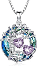 TOUPOP s925 Sterling Silver Family Celtic Tree of Life Pendant Necklaces with 2 Heart Birthstone with Blue Austrian Crystal Jewelry Birthday Valentines Day Gifts for Her, Anniversary Christmas Gifts for Wife Girlfriend Mom (18K Real White Gold Filled)