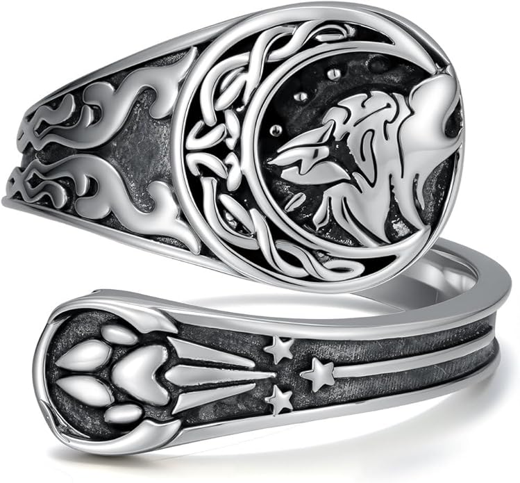 Midari Sun and Moon/Bee/Celtic/Life of Tree/Lotus Spoon Ring for Women 925 Sterling Silver Adjustable Ring Open Ring for Women Men Halloween Birthday Gift