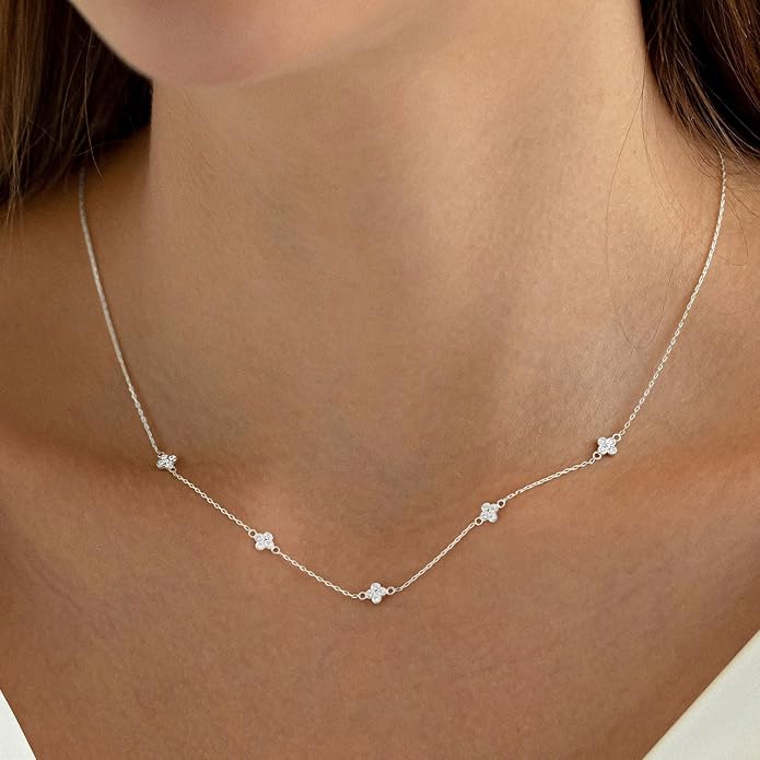 VRIUA Necklaces for Women - 14K Gold/Silver Plated Dainty Chain Necklace with Five Charms: Diamond, Bow, Snowflake, Cross, Flower, Clover, Butterfly, Heart, Star of David, and Star Trendy Jewelry