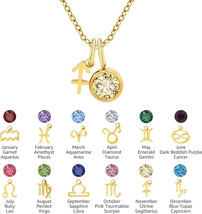 MISS RIGHT Initial Birthstone Necklace for Women - Personalized Gifts Birthday Gifts for Women Stainless Steel 18K Gold Plated Dainty Gold Zodiac Sign 12 Constellation Horoscope Necklace Jewelry