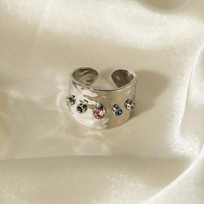18K Gold Plated Wide Rings,Zirconia Stainless Steel Adjustable Rings for Women,Fashion Jewelry for Women