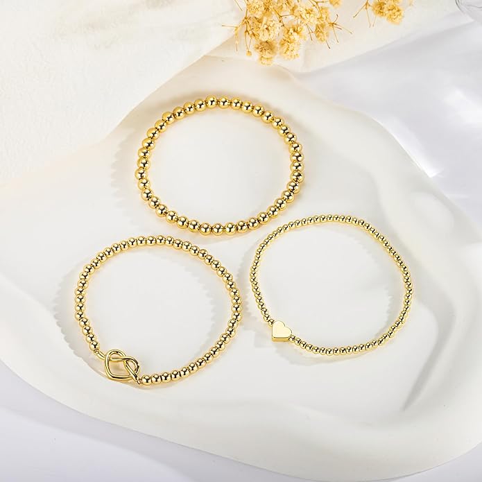 Turandoss Gold Bracelets for Women - Dainty 14K Gold Plated Bow Cross Beaded Bracelets for Women Stackable Heart Bead Bracelet Set Wave CZ Round Ball Bracelet Valentine's Day Gifts for Her