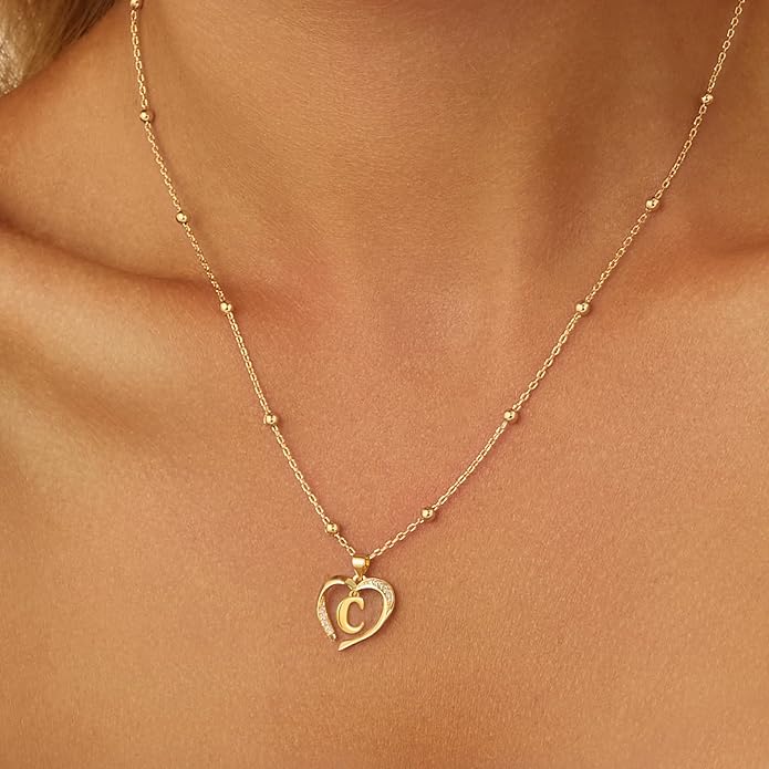 Cicy Bell Womens Heart Initial Necklace for Women 18k Gold Plated Shell Personalized Letter Pendant Necklace 17.7'' with 2'' Extender