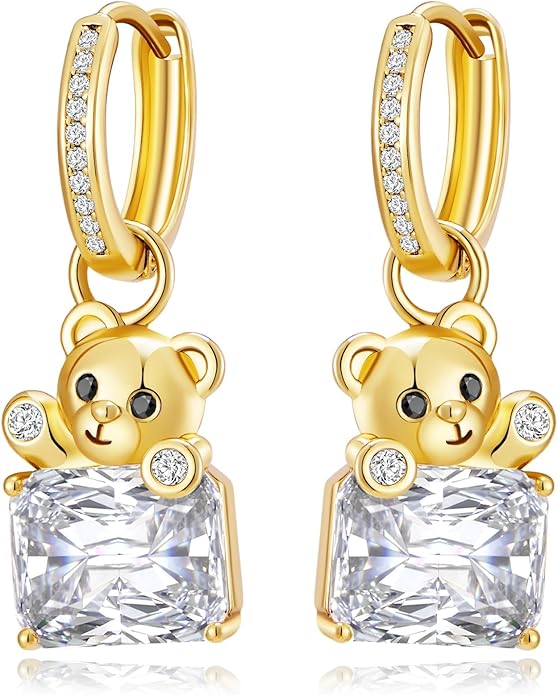 YOIHUR Cute Gold Hoop Earrings for Valentine's Day, 14K Gold Plated Hypoallergenic Jewellery CZ Huggie Drop Earrings, Bear Butterfly Ladybug Joker Heart Pendants Earring Jewelry Gifts for Women