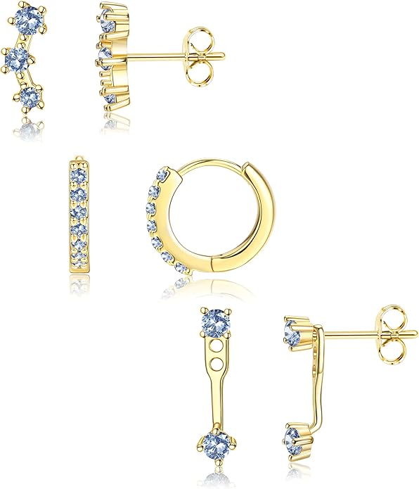 FIASASO 3 Pairs 925 Sterling Silver Hypoallergenic Earrings for Women Trendy - 14K Gold Plated Stud Hoop Cartilage Earrings Set Small Earring Stacks for Sensitive Ears Non Tarnish Dainty Silver Earring