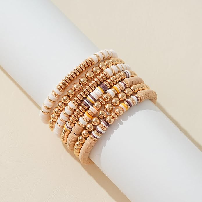 GOOJIDS Surfer Heishi Clay Bead Bracelets for Women Bohemian Stackable Gold Plated Beaded Stretch Bracelets Elastic Layering Friendship Bracelets Set Boho Jewelry