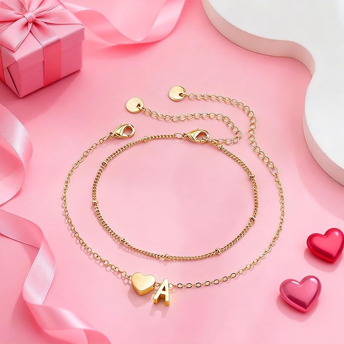 Valentines Day Gifts for Kids Women Girls, 14K Gold Plated Heart Initial Bracelet Teen Girl Gifts Trendy Stuff Dainty Gold Bracelets for Women Girls Valentines Day Gifts