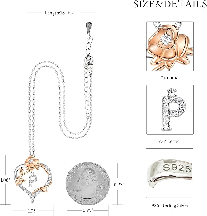 Valentines Day Gifts Rose Heart Letter Initial Necklace for Women, S925 Sterling Silver Pendant Necklace Adjustable Dainty Rose Flower Jewelry Gift for Her