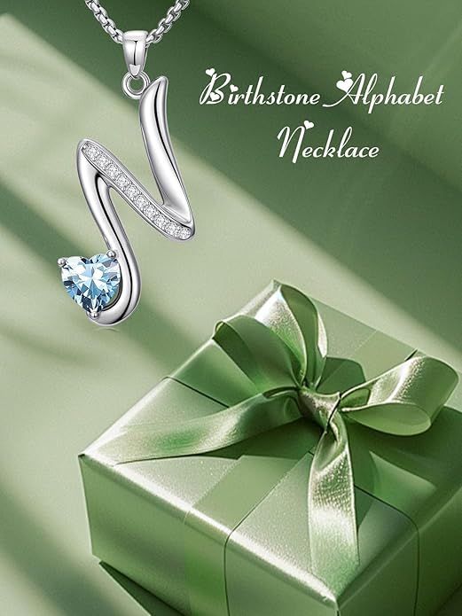 Valentines Day Gifts for Women Alphabet A to Z Initial Birthstone Pendant Necklaces for Women - 18k White Gold Plated Personalized Name Jewelry Valentine Mothers Day Birthday Gifts for Women Her Girlfriend