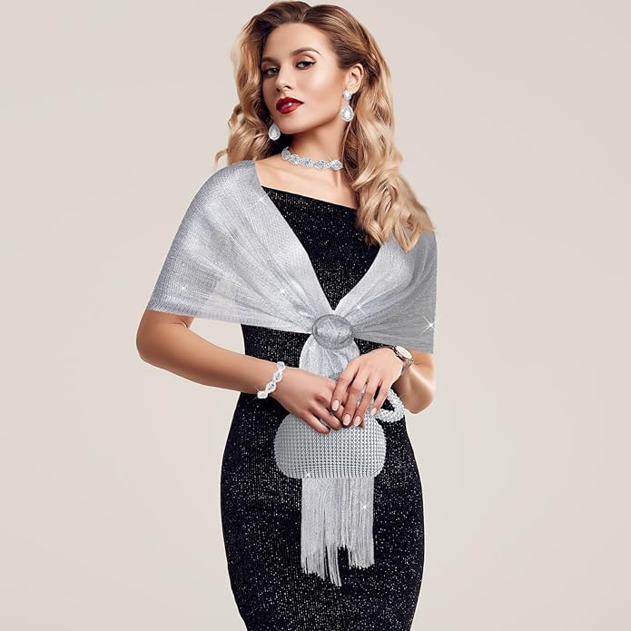 Hicarer 5 Pcs Dressy Jewelry Sets, Silver Shawls and Wraps, Clutch Purse for Homecoming Prom Evening Women Formal