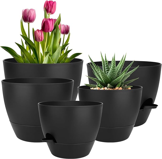 QRRICA Plant Pots 10/9/8/7.5/7 Inch Self Watering Pots, Plastic Flower Pots by QRRICA
