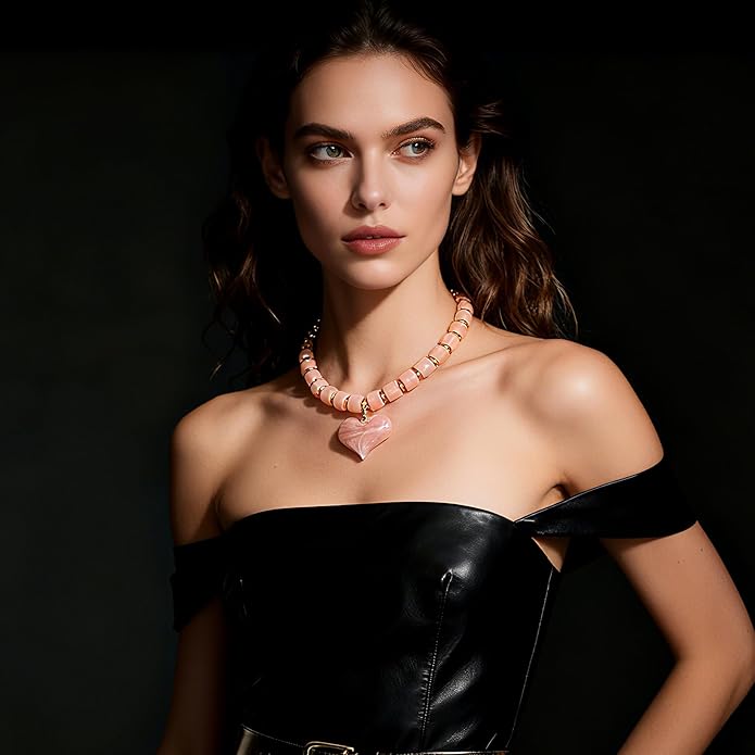 Large Acrylic Heart Necklaces for Women Chunky Puffy Heart Pendant Necklace Exaggerated Statement Love Beaded Choker Necklace Jewelry