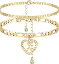 YANODA Initial Ankle Bracelets for Women 14K Gold Plated Layered Figaro Chain Letter Initial Anklets Handmade Layered Heart Ankle Bracelets Personalized Jewelry for Women
