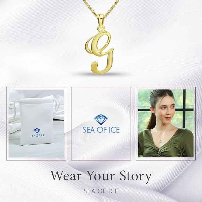 SEA OF ICE Letter Initial Necklace, Alphabet Letter Pendant Necklace, Sterling Silver, Gold, Rose Gold Necklace for Women, Elegant Initial Necklaces, Personalized Custom Women's Necklaces
