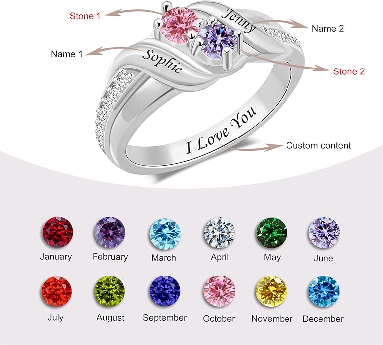 Personalized Heart Birthstone Rings for Women with 2 Birthstones Custom Name Rings for Couple Mother Daughter Jewelry Gift for Mother Her Christmas