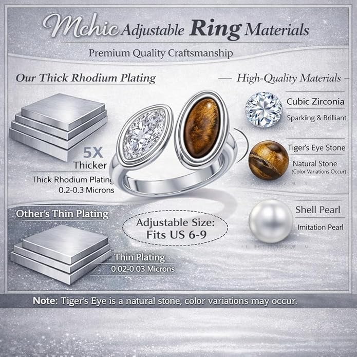 Mchic Adjustable Chunky Rings for Women: Dainty Natural Gemstone Ring Stainless Steel 18K Gold/Silver Plated Band Rings Non Tarnish Waterproof Statement Fashion Jewelry Gift for Women