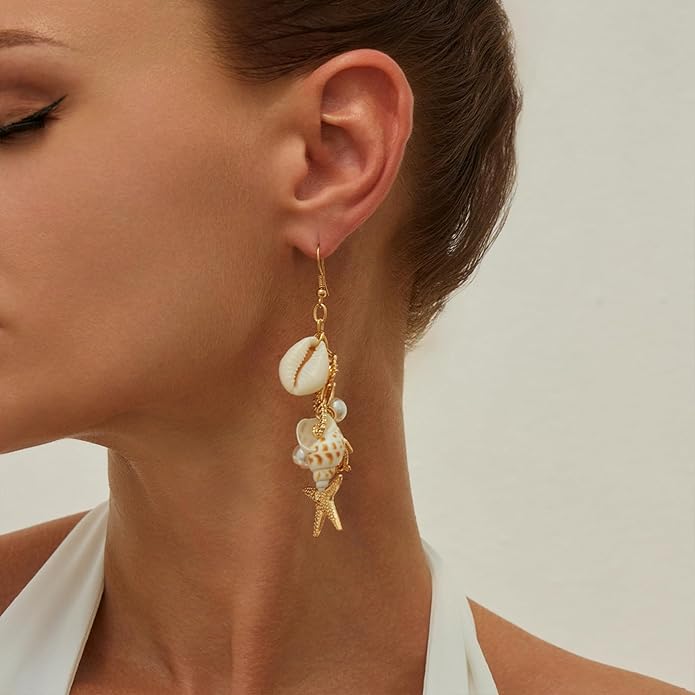 Gold Starfish Shell Earrings for Women with Pearl Beach Seashell Earrings Dangle Summer Vacation Earring for Women Beach Jewelry