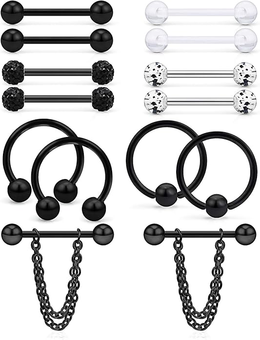 Hoeudjo 14Pcs 14G Surgical Steel Chain Dangle Nipple Rings Barbell Piercing Jewelry Retainer for Women