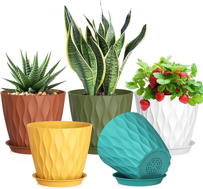 Meowell 7 inch Plant Pots for Indoor Outdoor Plants, 5 Pack Thick Nursery Pots by Meowell