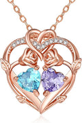 Rose Gold Necklaces for Women Double Birthstone Rose Flower Heart Pendant Necklace Jewelry Anniversary Christmas Valentine's Mother's Day Birthday Gift for Wife Mom Her Girlfriend Sister