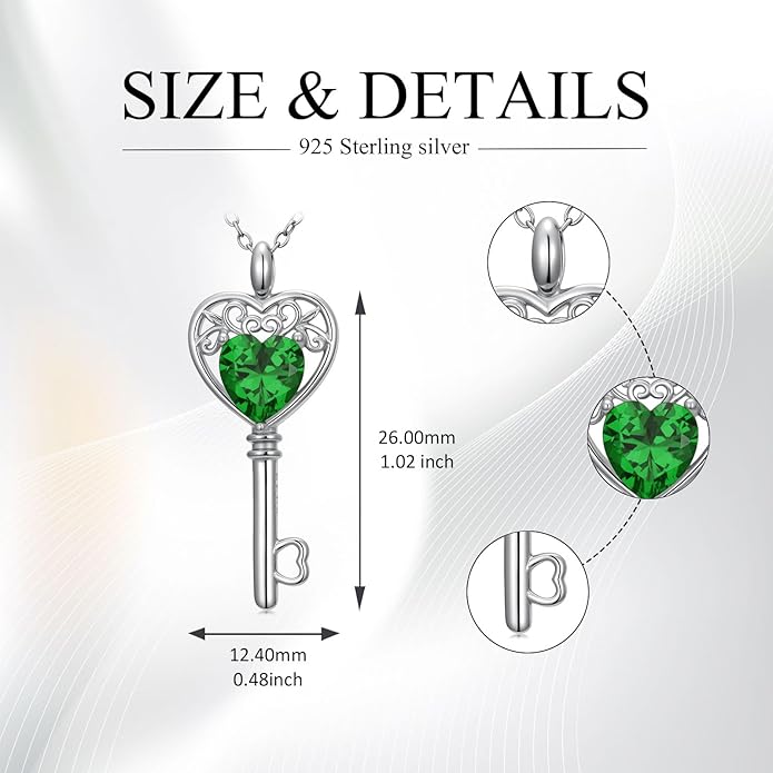 WSX Heart Key Birthstone Necklace for Women 925 Sterling Silver Love Key Pendant with Birthstone Valentine's Day Anniversary Jewelry Gift for Her