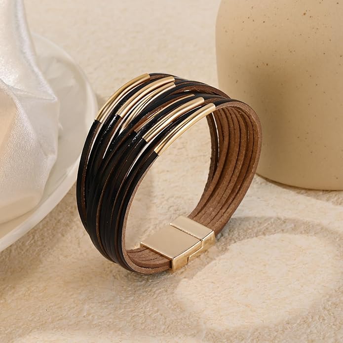 Wrapped Bracelets for Women,Leather Bracelet,Boho Bracelets for Women,Multi-Layer Pearl Crystal Bracelet Bangle Jewelry