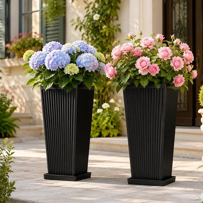 24" Tall Planters for Outdoor Plants Set of 2 Square Fluted, TallIndoor Flower by NicBex