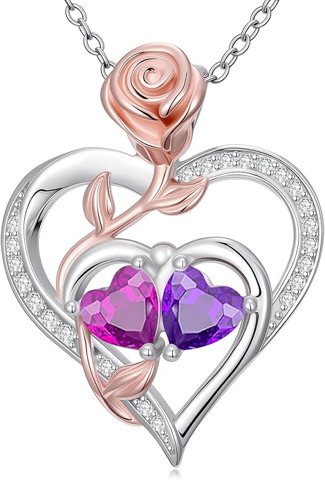 Rose Flower Heart Pendant for Women Birthday Gifts 18k Gold Plated Mother Daughter Necklace with 12 Months Birthstone Christmas Valentines Day Gifts for Her Mom Anniversarry Jewelry for Mom Wife Girlfriend
