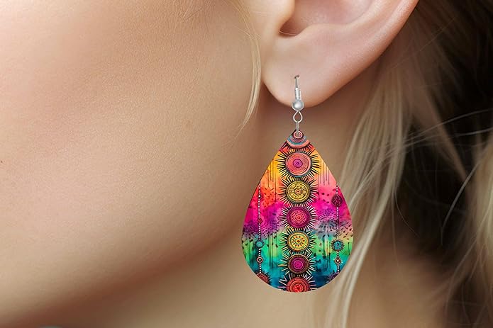 Teardrop Wood Earrings Light Weight Printed Image Dangle Jewelry, Fun and Funky Earrings