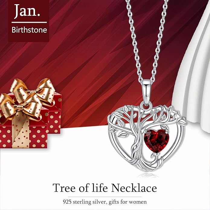 Tree of Life Necklaces for Women 925 Sterling Silver Heart Pendant Birthstone Necklace Created Gemstone Jewelry for Her, 18"+2"
