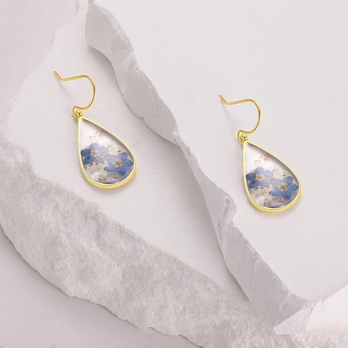 Forget-Me-Not and Queen Anne's Lace Pressed Wildflower Earrings | Pressed Flower Earrings | Handmade Drop and Dangle Earrings | Gift for Woman