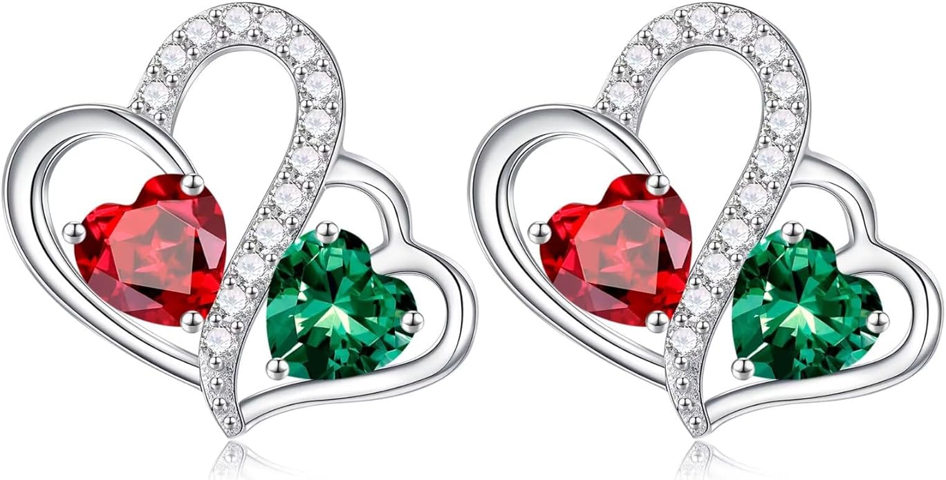 Iefil Valentines Day Gifts for Her - Birthstone Earrings Gift for Women, 925 Sterling Silver Double Heart Birthstone Earrings | Anniversary Birthday Gifts for Women, Personalized Jewelry for Wife Mom