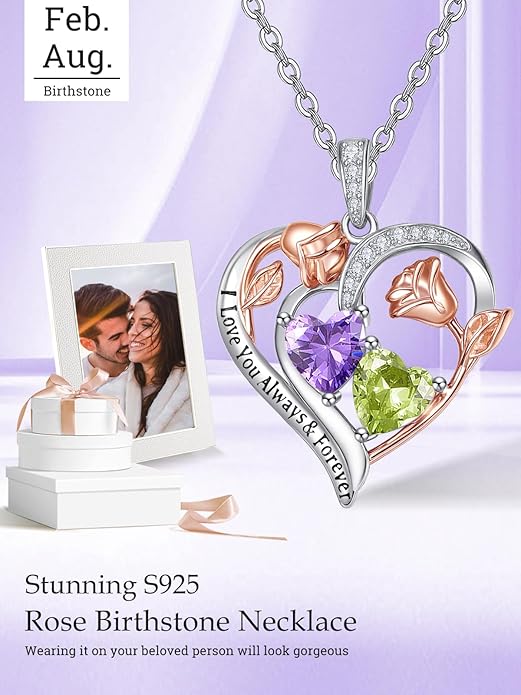 Valentine's Day Gifts for Wife 925 Sterling Silver Double Birthstone Pendant Necklaces I Love You for Always and Forever Necklace Anniversary Birthday Gifts for Wife Girlfriend Mom Her