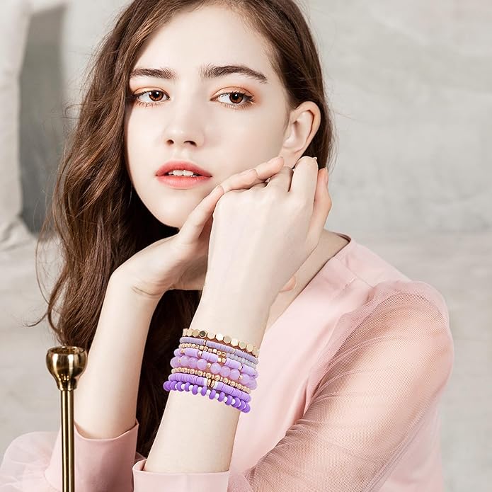 GOOJIDS Surfer Heishi Clay Bead Bracelets for Women Bohemian Stackable Gold Plated Beaded Stretch Bracelets Elastic Layering Friendship Bracelets Set Boho Jewelry