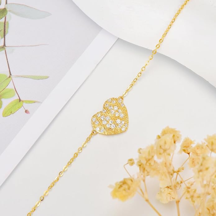 SISGEM 10k Gold Created Moissanite Heart Anklets for Women, love Ankle Bracelet Gifts for Her, 9.4-11.0 Inches