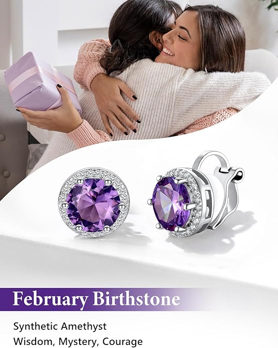 Silvora 925 Silver 8MM Cubic Zirconia Birthstone Clip On Stud Earrings Round Non Pierced Earrings For Women,Come with Box