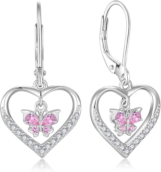 Butterfly Birthstone Heart Dangle Drop Earrings, 925 Strlings Silver 5A Cubic Zircon Leverback Earrings Jewelry Anniversary Birthday Gifts for Women