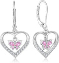 Butterfly Birthstone Heart Dangle Drop Earrings, 925 Strlings Silver 5A Cubic Zircon Leverback Earrings Jewelry Anniversary Birthday Gifts for Women