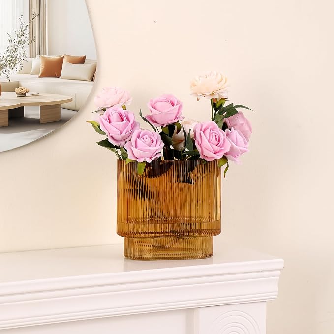 Ribbed Glass Vase, Amber Glass Vase, Fluted Short Vases - Image 6