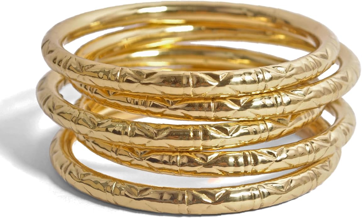 Pure Hands Handmade Brass Pipe Bangle Set – Embossed Round Bangles in Golden Finish with Abstract Design – Tarnish Resistant PU Coated – Sine qua non Collection Jewelry