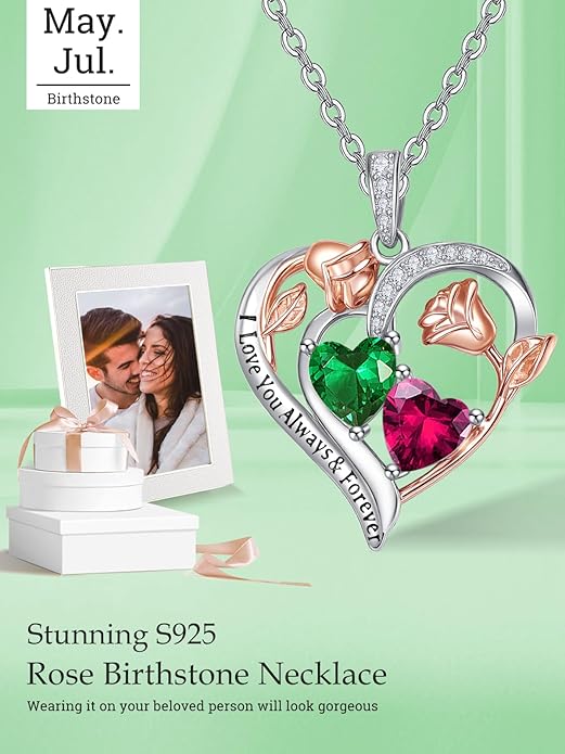 Valentine's Day Gifts for Wife 925 Sterling Silver Double Birthstone Pendant Necklaces I Love You for Always and Forever Necklace Anniversary Birthday Gifts for Wife Girlfriend Mom Her