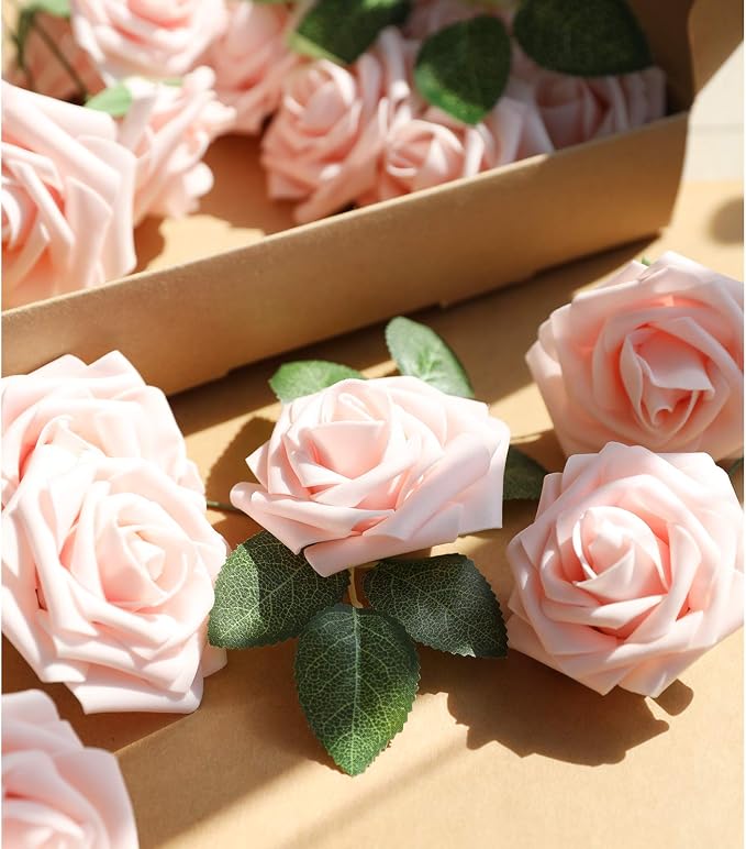 AmyHomie Blush Pink Rose 100pcs Real Looking Artificial Flowers w/Stem | Bouquet - Image 3
