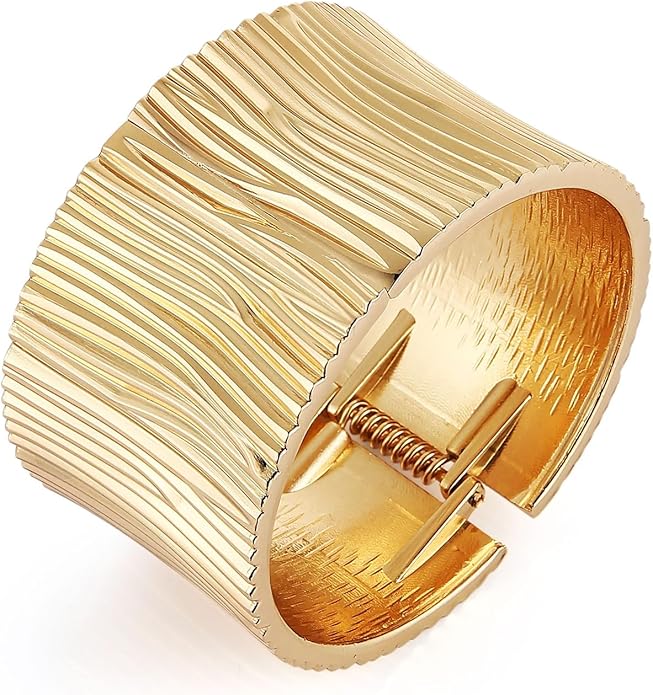 HZMAN 18K Gold Plated Wide Cuff Bracelet for Women - Premium Alloy Shiny Polished Double Layer Statement Bangle, Trendy Daily Wear Party Jewelry Accessory