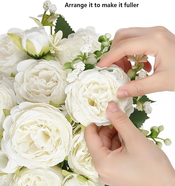 12 Bundles Peonies Artificial White Flowers Bouquet, Lifelike Silk Fake Peonies - Image 9