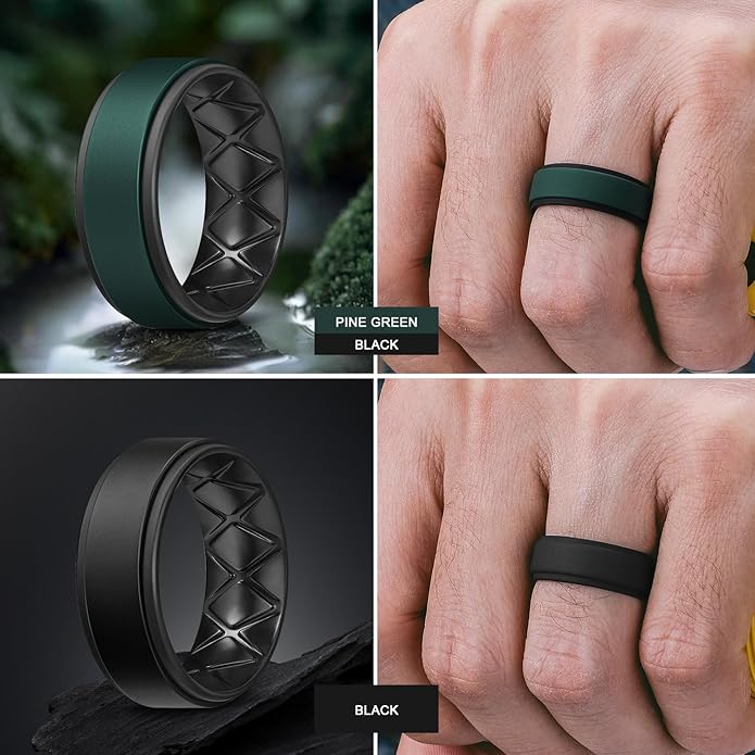 Egnaro Silicone Rings for Men 1/4/5/6/7 Multipack of Breathable Mens Silicone Rubber Wedding Rings Bands - Step Edge