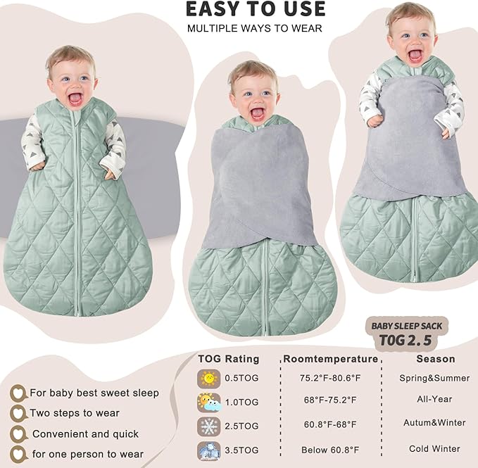 Newborn Sleep Sack Baby Swaddle,3-Way Adjustable Wearable Blanket,Swaddling Sleeping Bag,TOG 2.5 (Green, 3-6 Months)
