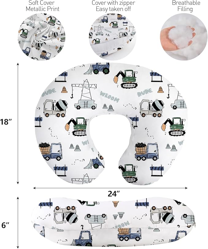 Little Grape Land Nursing Pillow for Infants, Breastfeeding Pillows, Baby Support Pillow for Nursing, Bottle Feeding, Tummy Time with Machine Washable Cover & Breathable Filling (Construction Truck)
